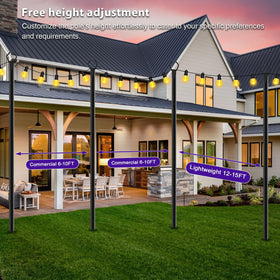 Zoegi deck, patio, or cafe setup supports banners, lanterns, and wind chimes.