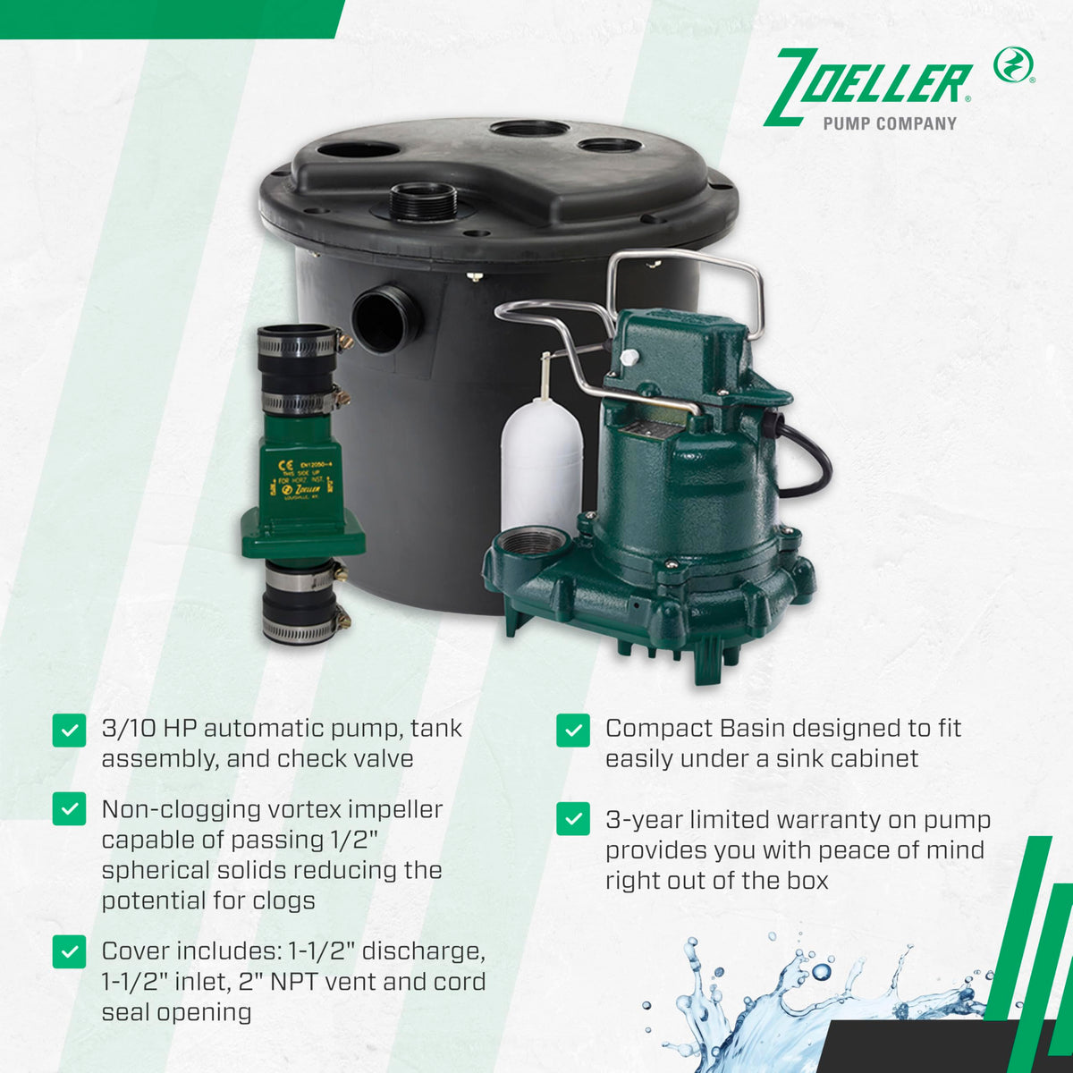 Zoeller 105001 compact design fits neatly under utility sinks for easy access