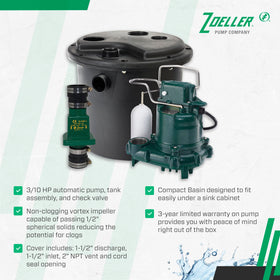 Zoeller 105001 compact design fits neatly under utility sinks for easy access