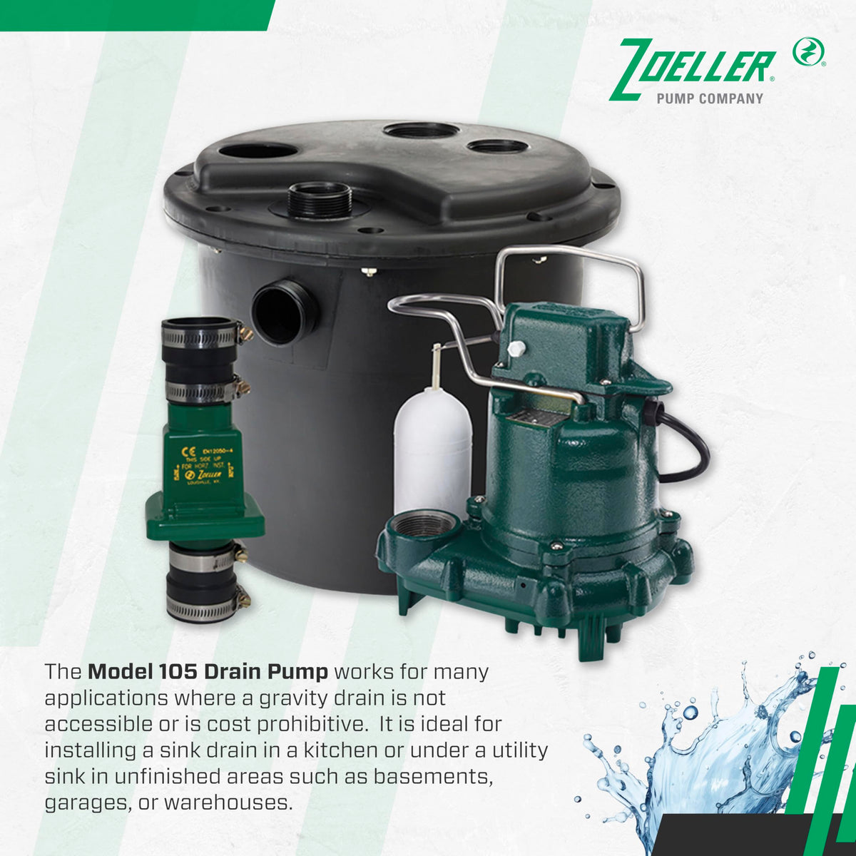Zoeller 105001 submersible sump pump providing reliable drainage in basements and laundry areas