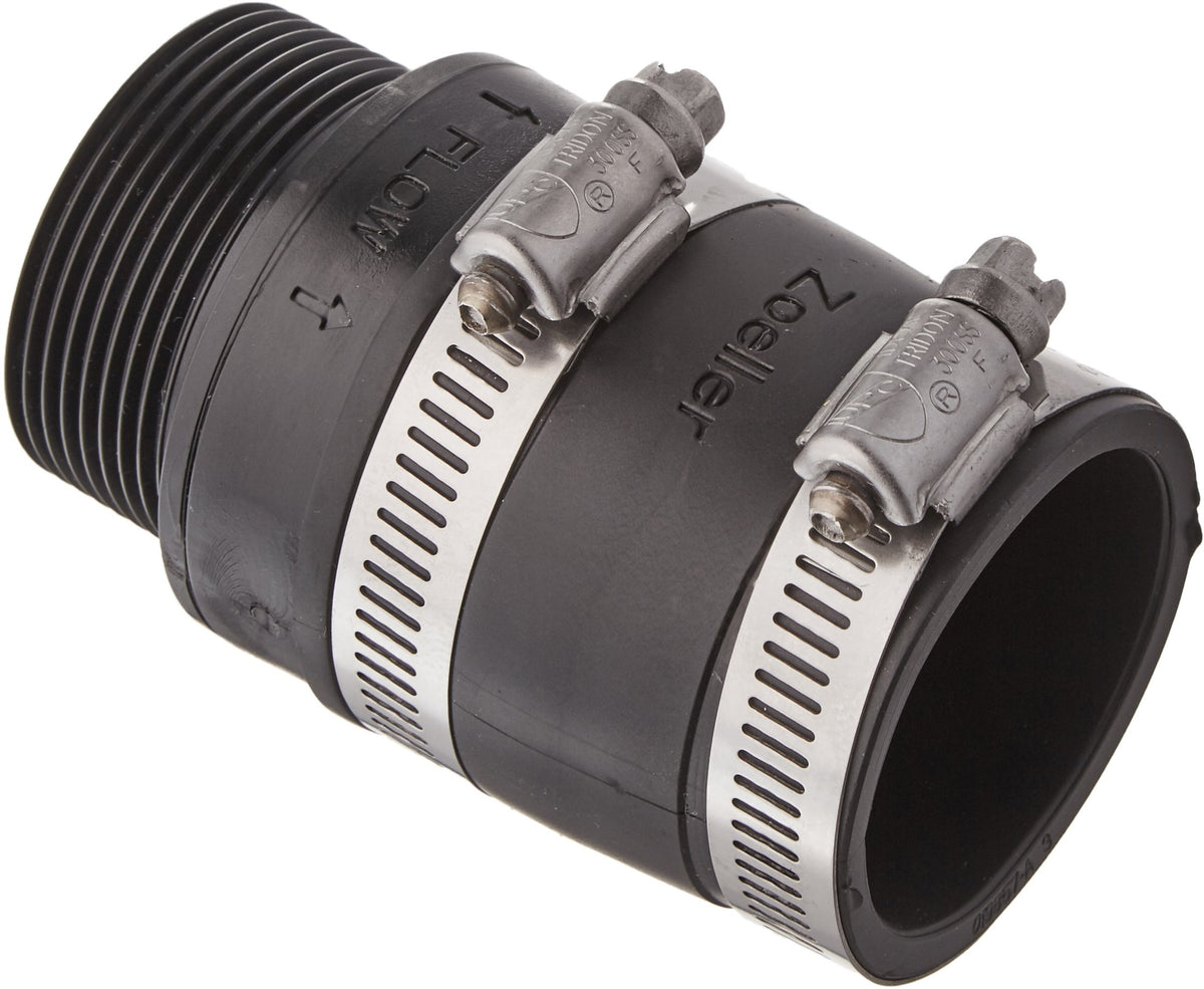 Zoeller 30-0238 inline check valve rubber coupling close-up shows stainless clamps