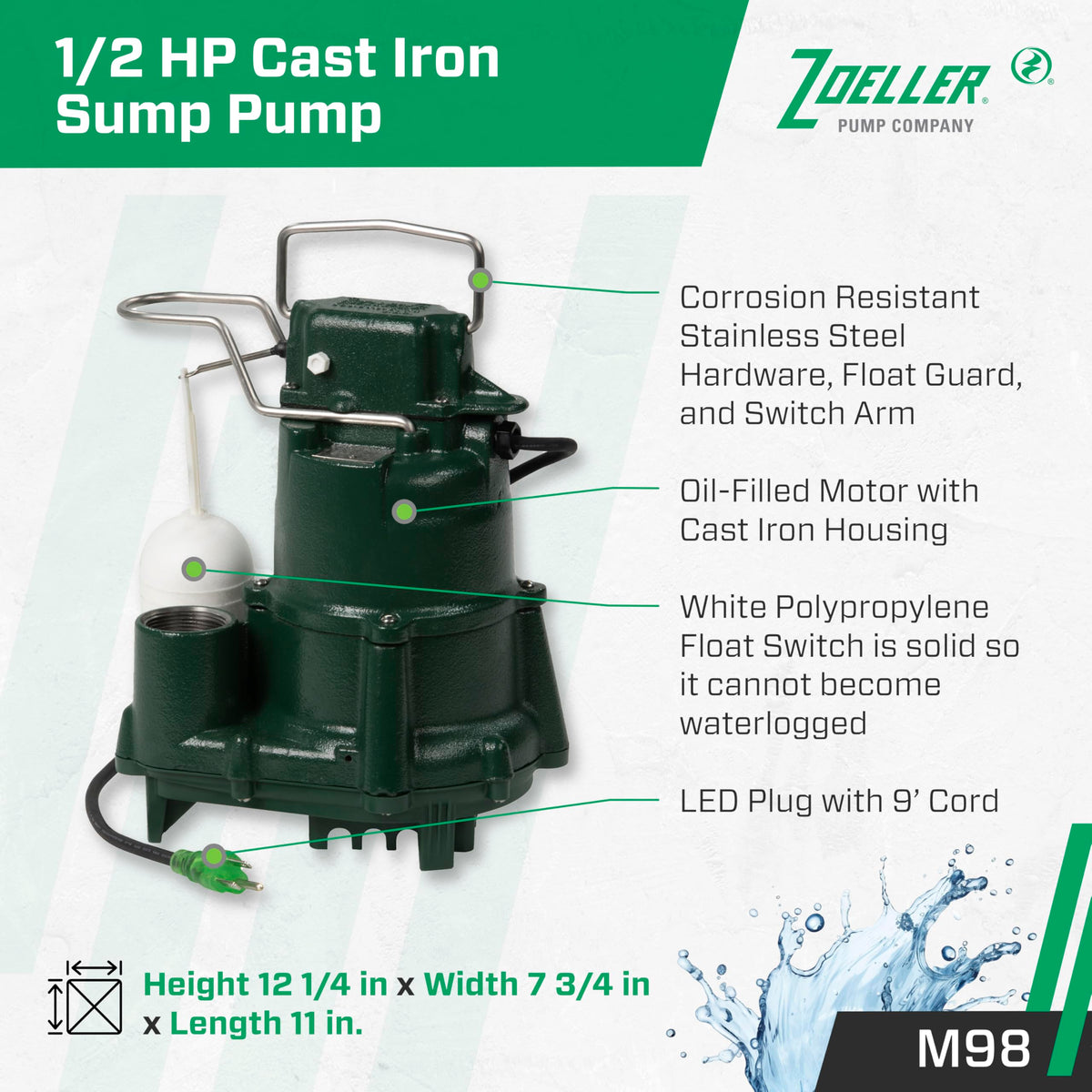 Zoeller M98 Flow-Mate with cast-iron housing for durability and heat dissipation