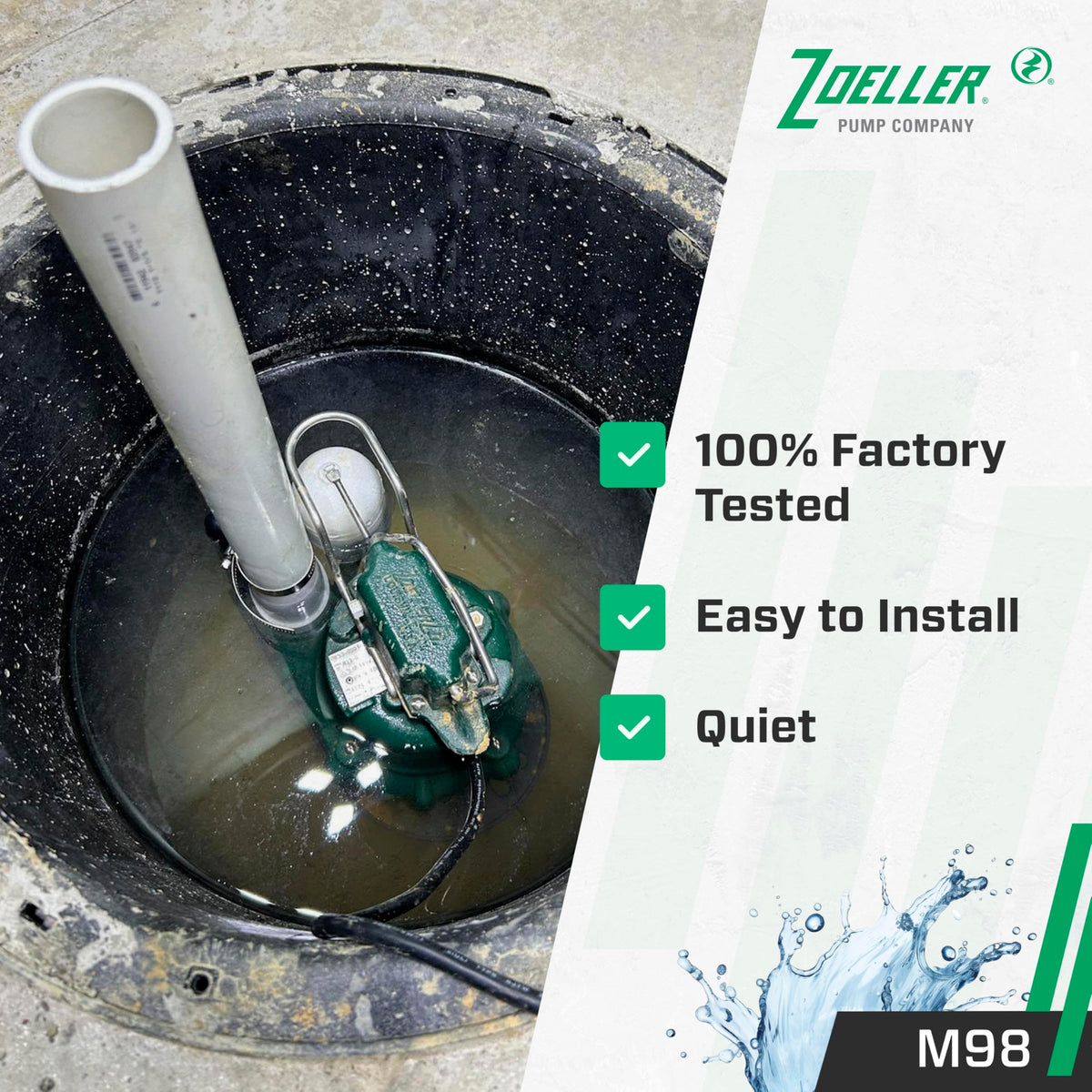 Stainless steel hardware on Zoeller M98 Flow-Mate resists rust in wet basements