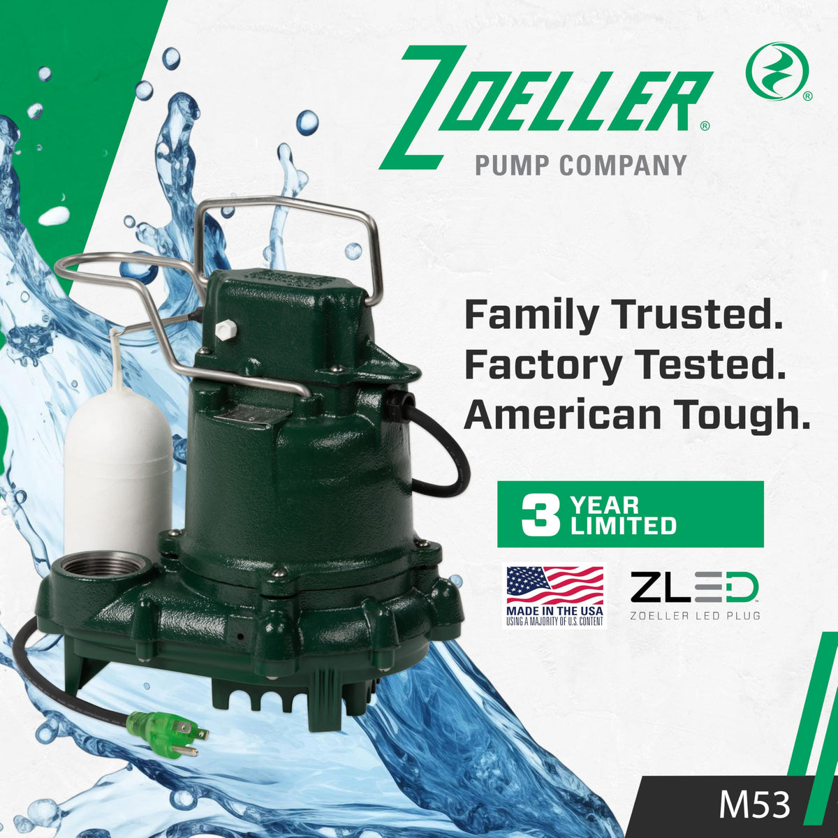 Submersible Zoeller M53 pump designed for quiet operation in basements