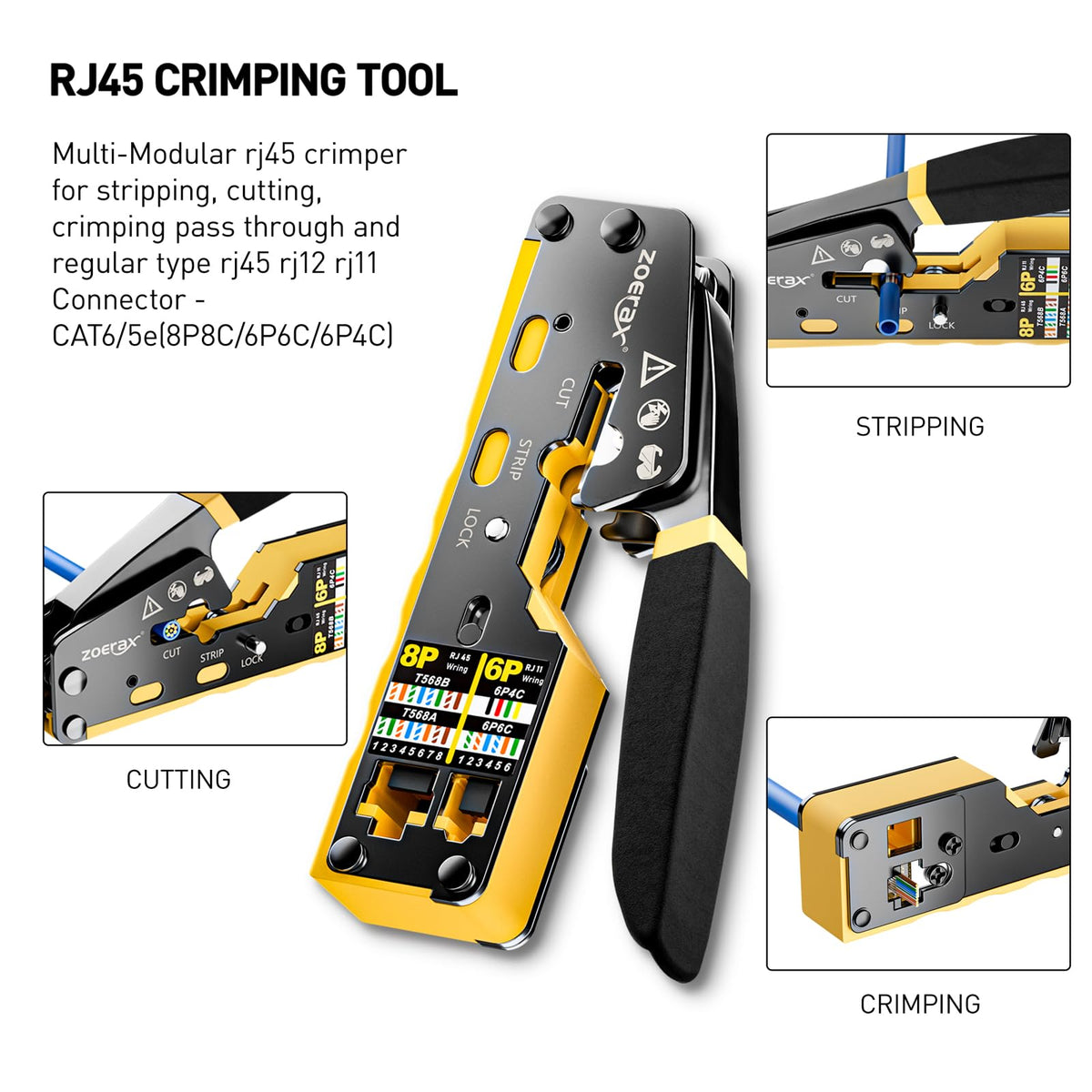 ZOERAX eleven-in-one crimp tool in action for pass-through RJ45 work