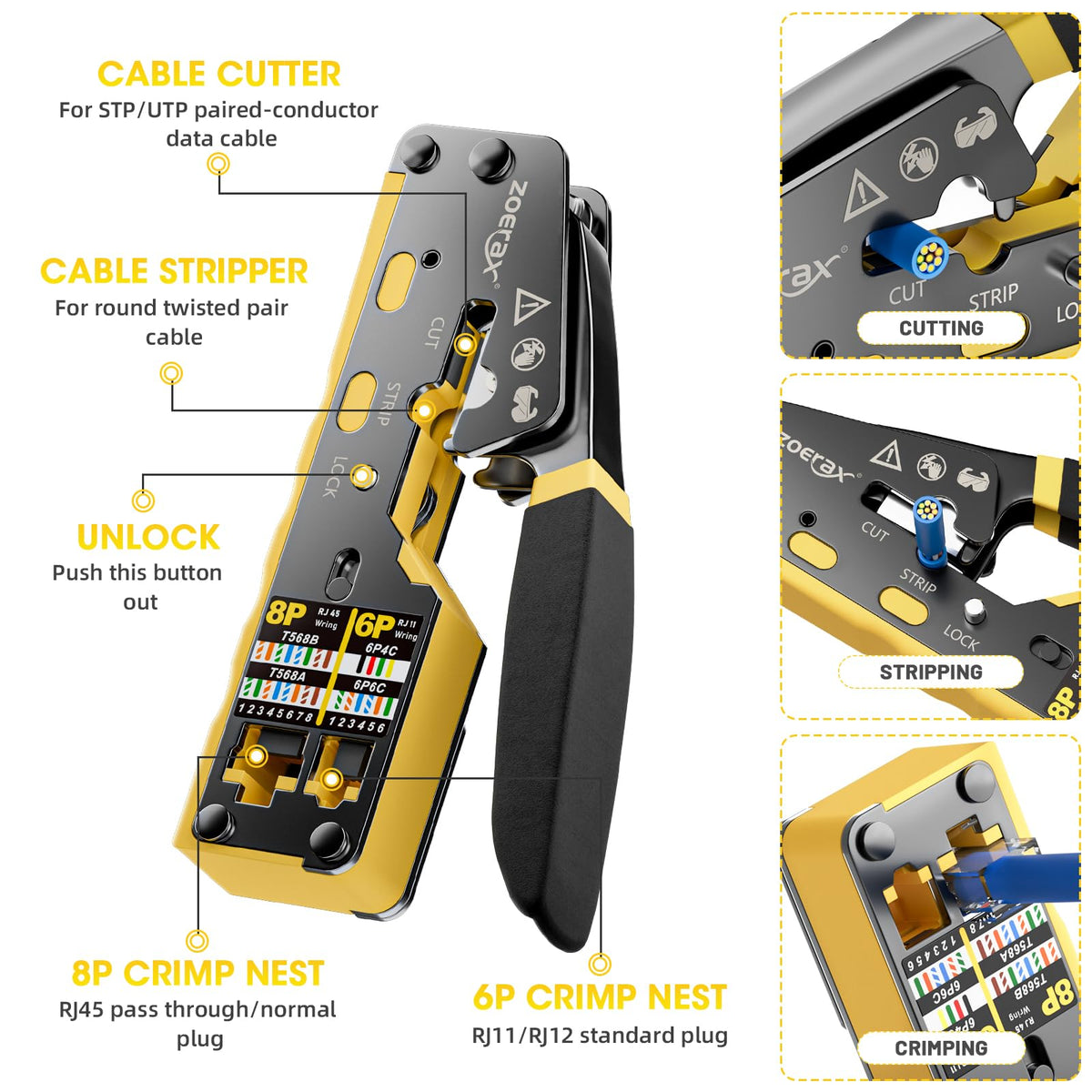 ZOERAX RJ45 crimping tool ergonomic handle for comfortable, extended use.