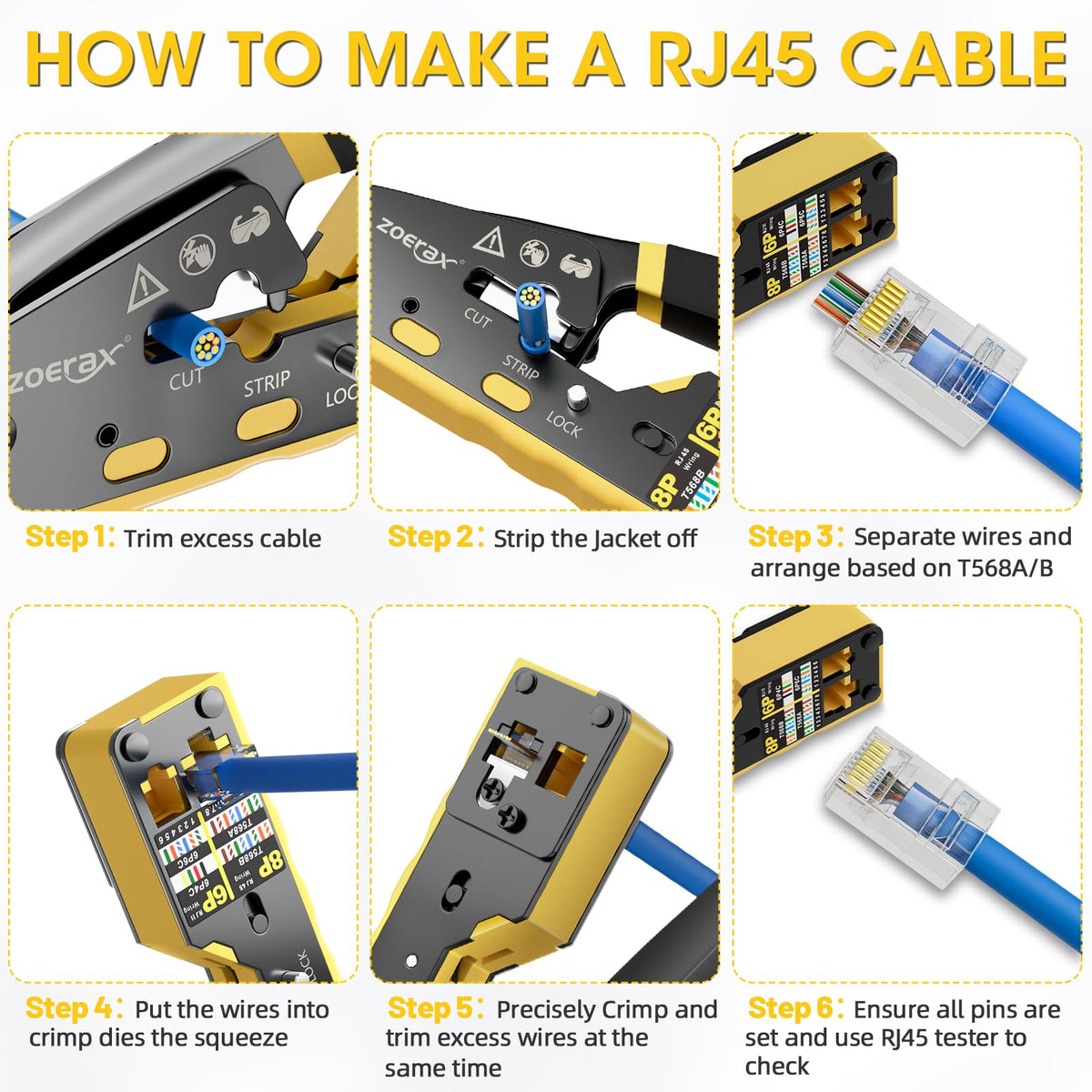 ZOERAX RJ45 crimping tool workbench-ready setup.