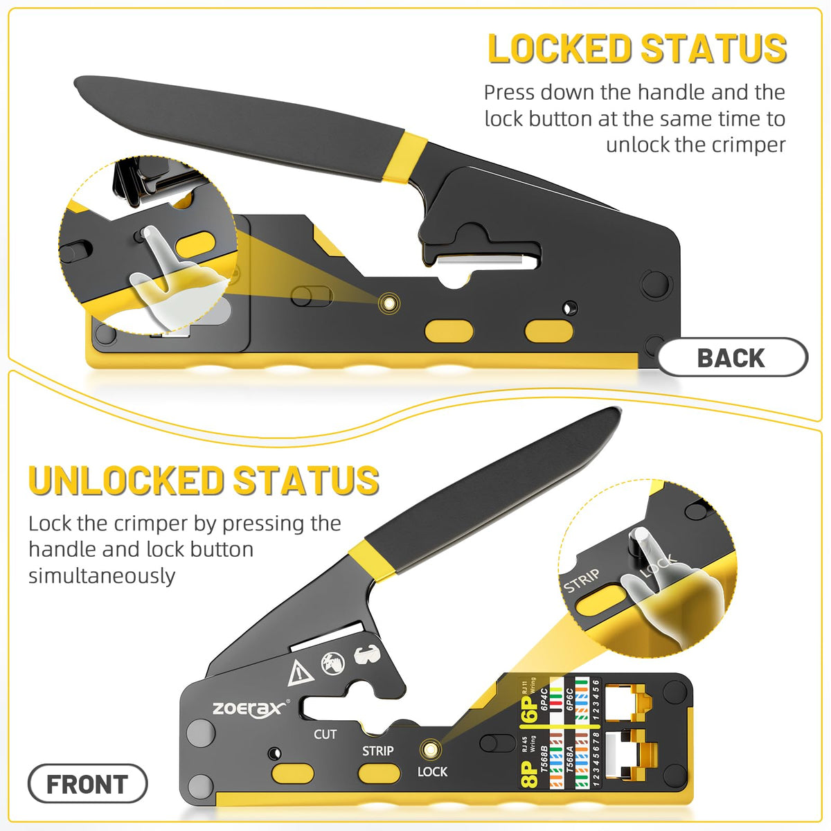 ZOERAX RJ45 crimping tool yellow body for easy ID.