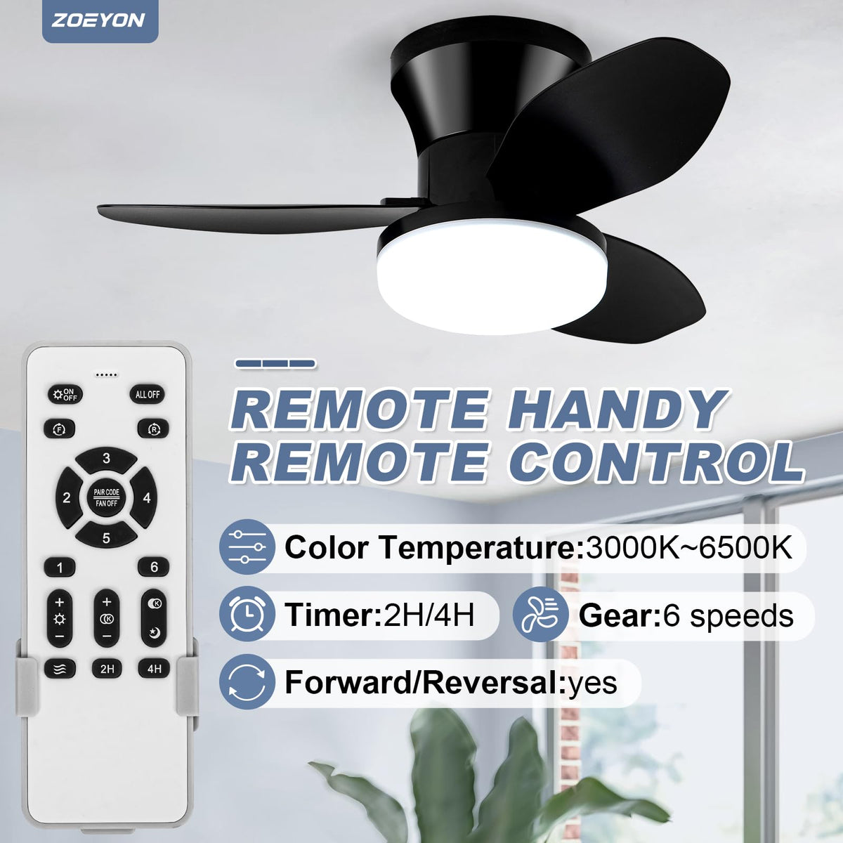 Zoeyon black ceiling fan remote, convenient control from anywhere.