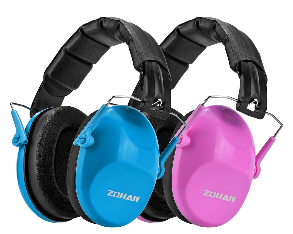 ZOHAN Kids headphones with 25dB NRR in blue and pink variant.