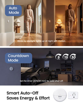 Zoiinet auto‑mode with light sensing activates in darkness for energy efficiency.