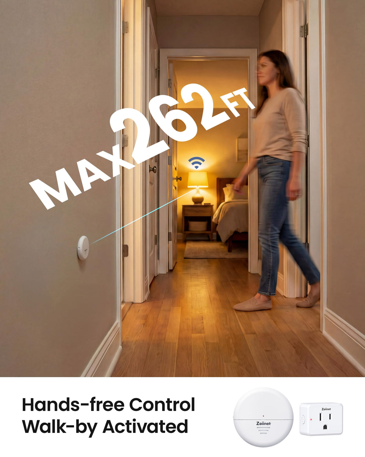 Zoiinet detachable sensor and plug enabling easy setup in any space.