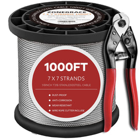 ZONEGRACE 1000FT stainless steel cable for deck railing, rustproof for coastal environments.
