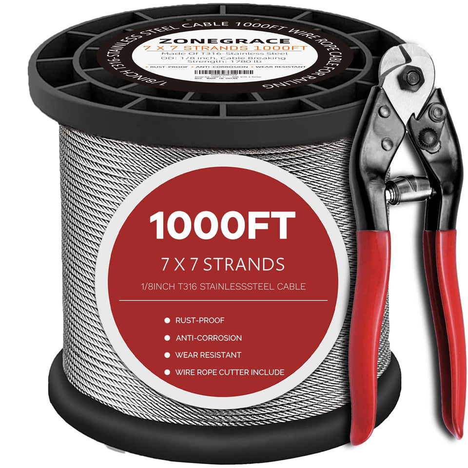 ZONEGRACE 1000FT stainless steel cable for deck railing, rustproof for coastal environments.