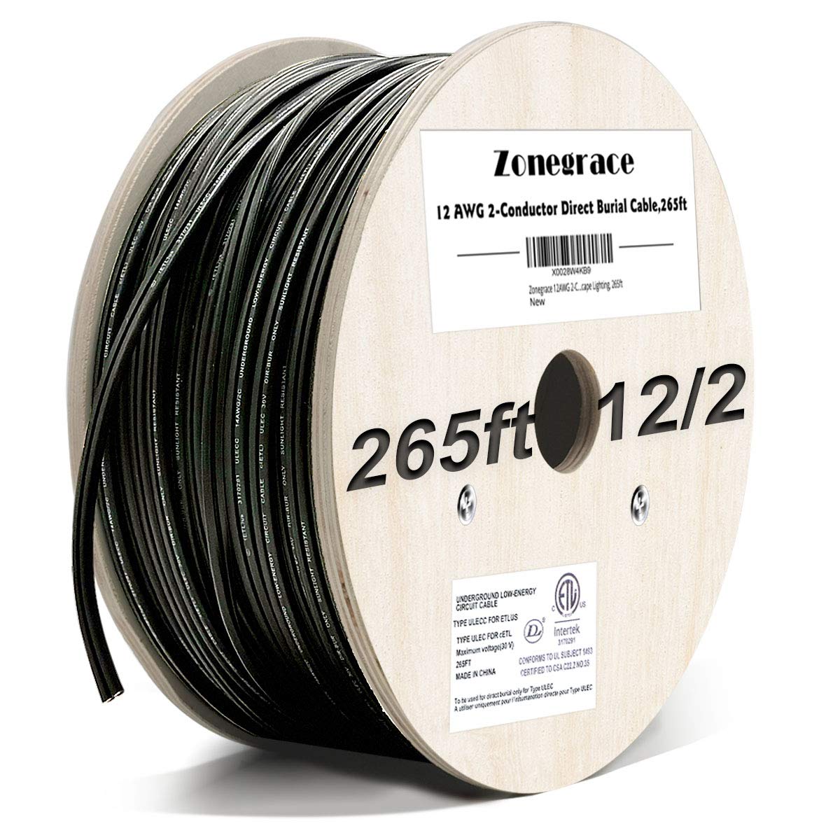 Zonegrace 12AWG direct burial wire on a wooden spool for landscape lighting