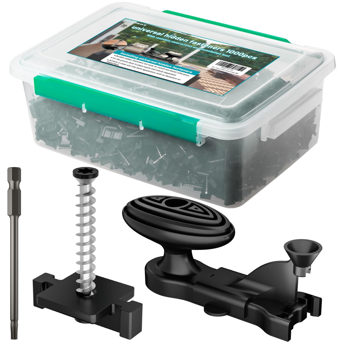 ZONEGRACE hidden deck fasteners 1000-pack securing grooved boards for a clean deck look.