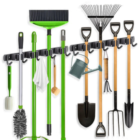 ZONGOOL broom holder wall mount with 4 racks and 5 hooks keeps tools organized.