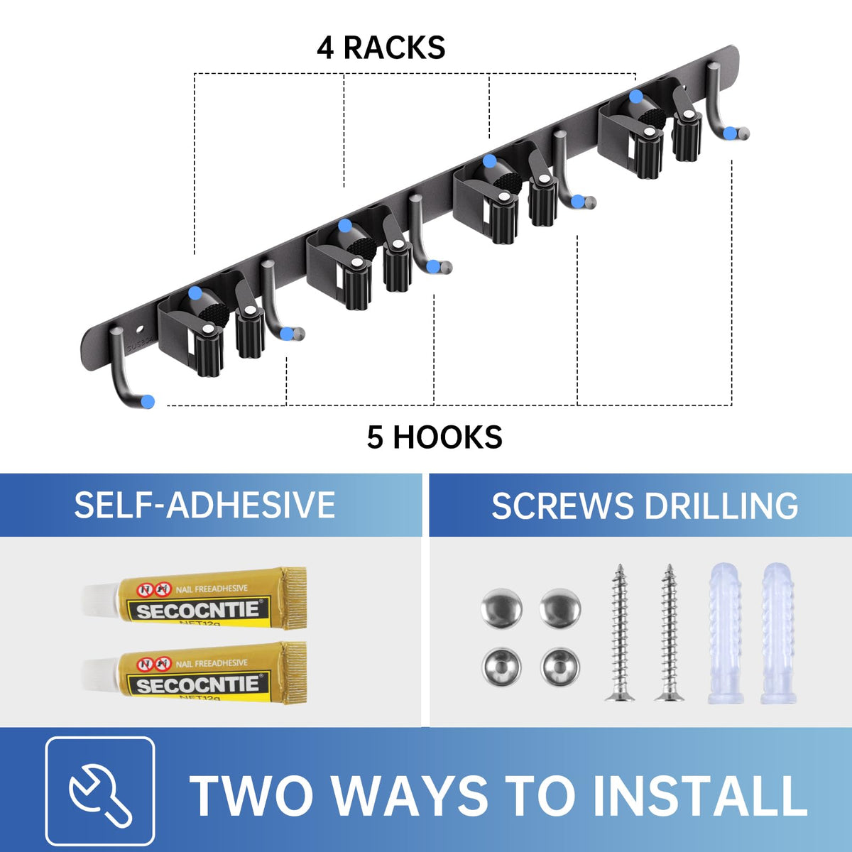 ZONGOOL versatile daily-use rack stores brooms, mops, and rakes.