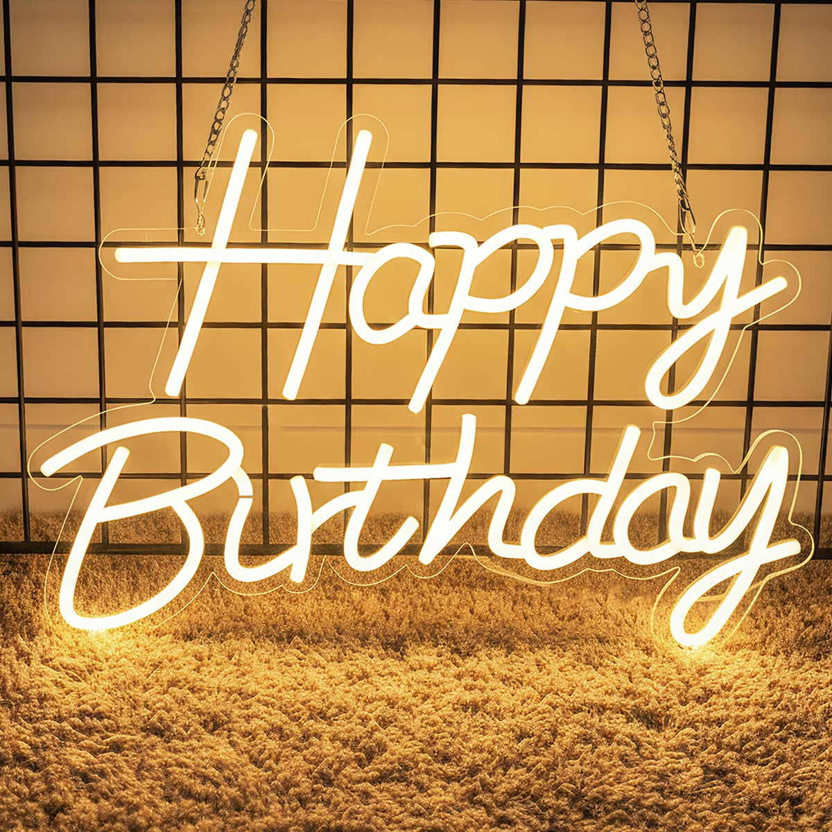 Zontruxe Happy Birthday neon sign front view with warm white glow for backdrops