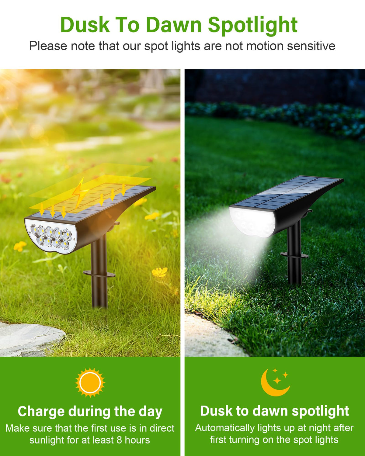 ZOOKKI solar spot light shows automatic dusk-to-dawn operation for nighttime use