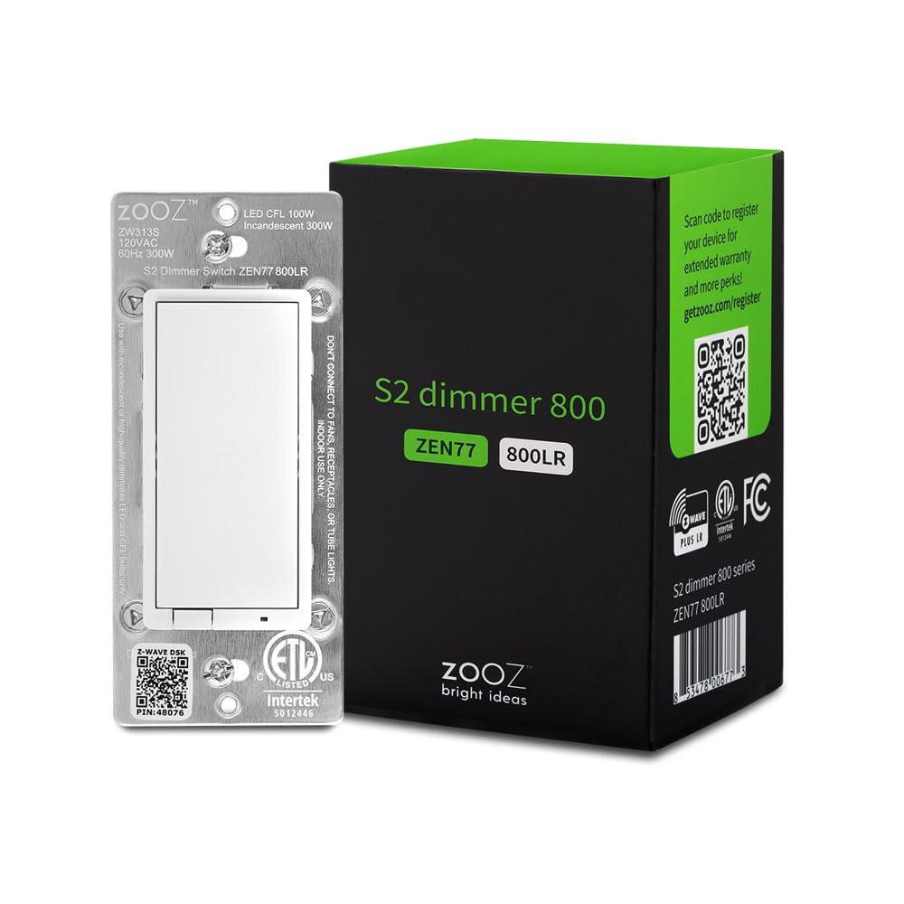 Zooz 800LR dimmer front view in white for easy wall mounting.