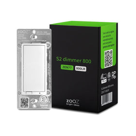 Zooz 800LR dimmer front view in white for easy wall mounting.