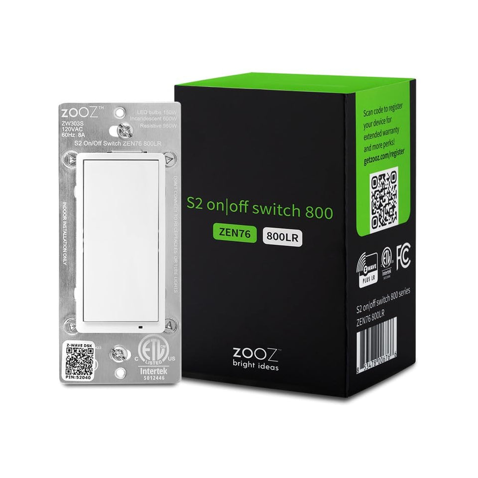 Zooz 800LR switch front view, clean white panel for seamless wall integration