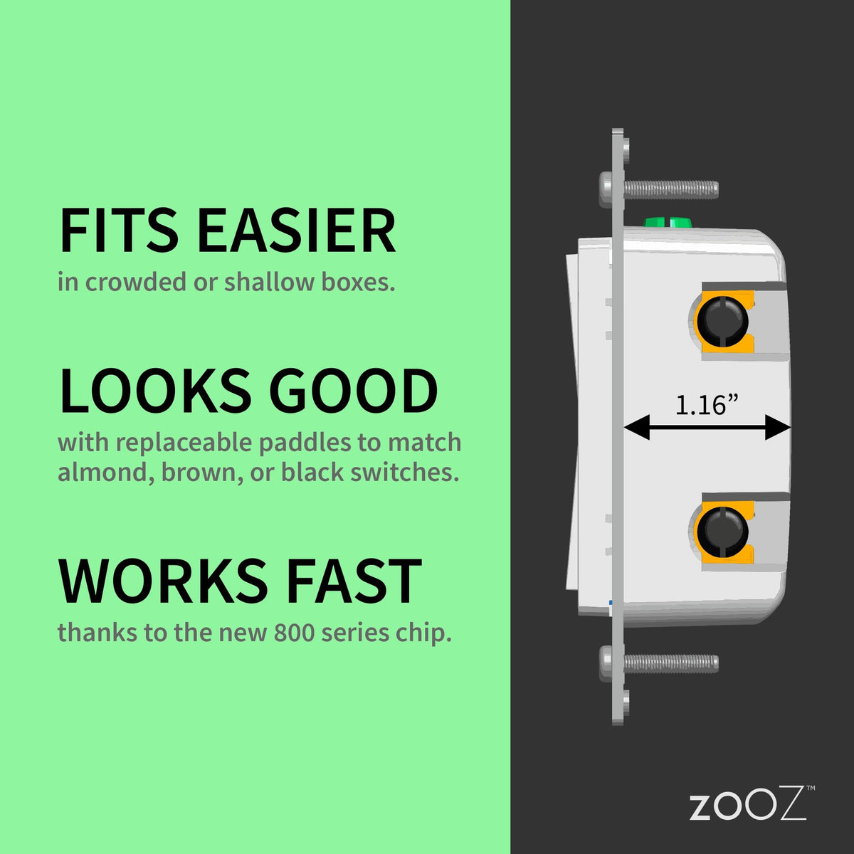 Zooz Zen72 800LR compact-depth design fits shallow boxes