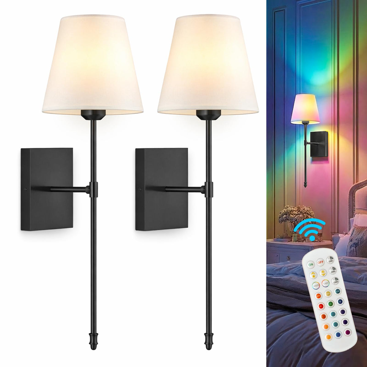 ZornLots rechargeable wall sconce set of 2 with black fabric shade on wall.