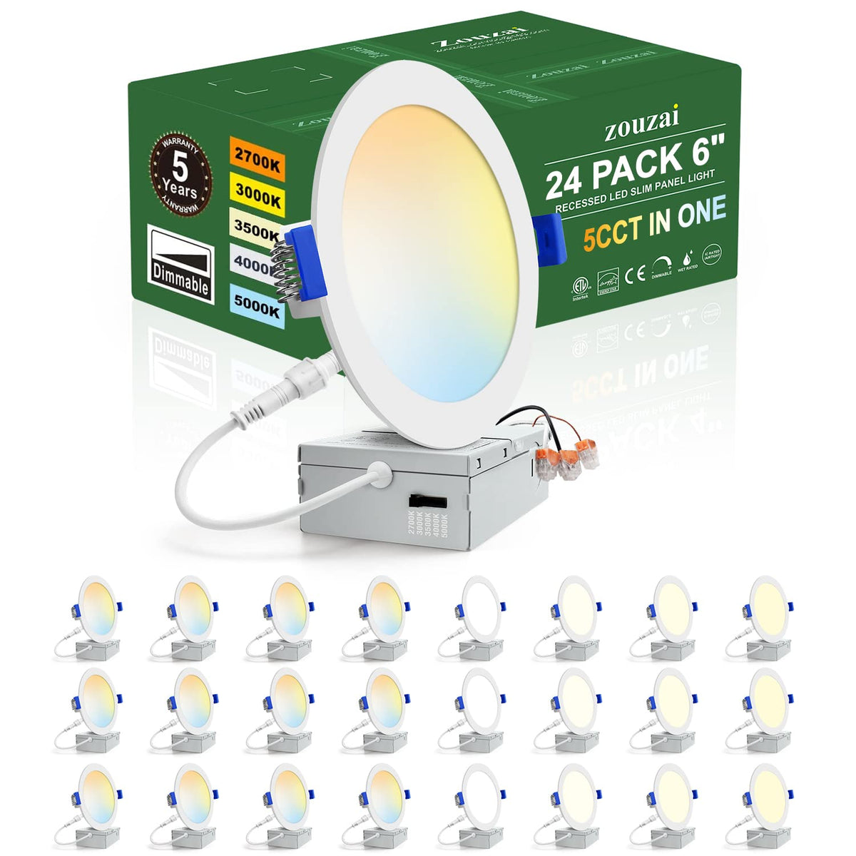 Zouzai 24-pack LED recessed light with junction box for quick ceiling installation.