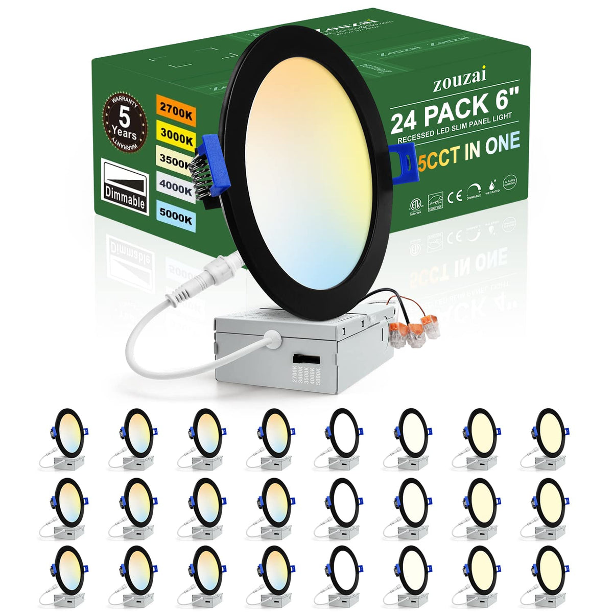 Zouzai 24-pack 6-inch LED recessed light front view with slim black profile and bright output