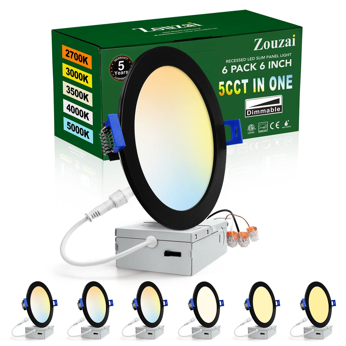 zouzai 6-inch black ultra-thin LED recessed light with junction box for modern ceilings