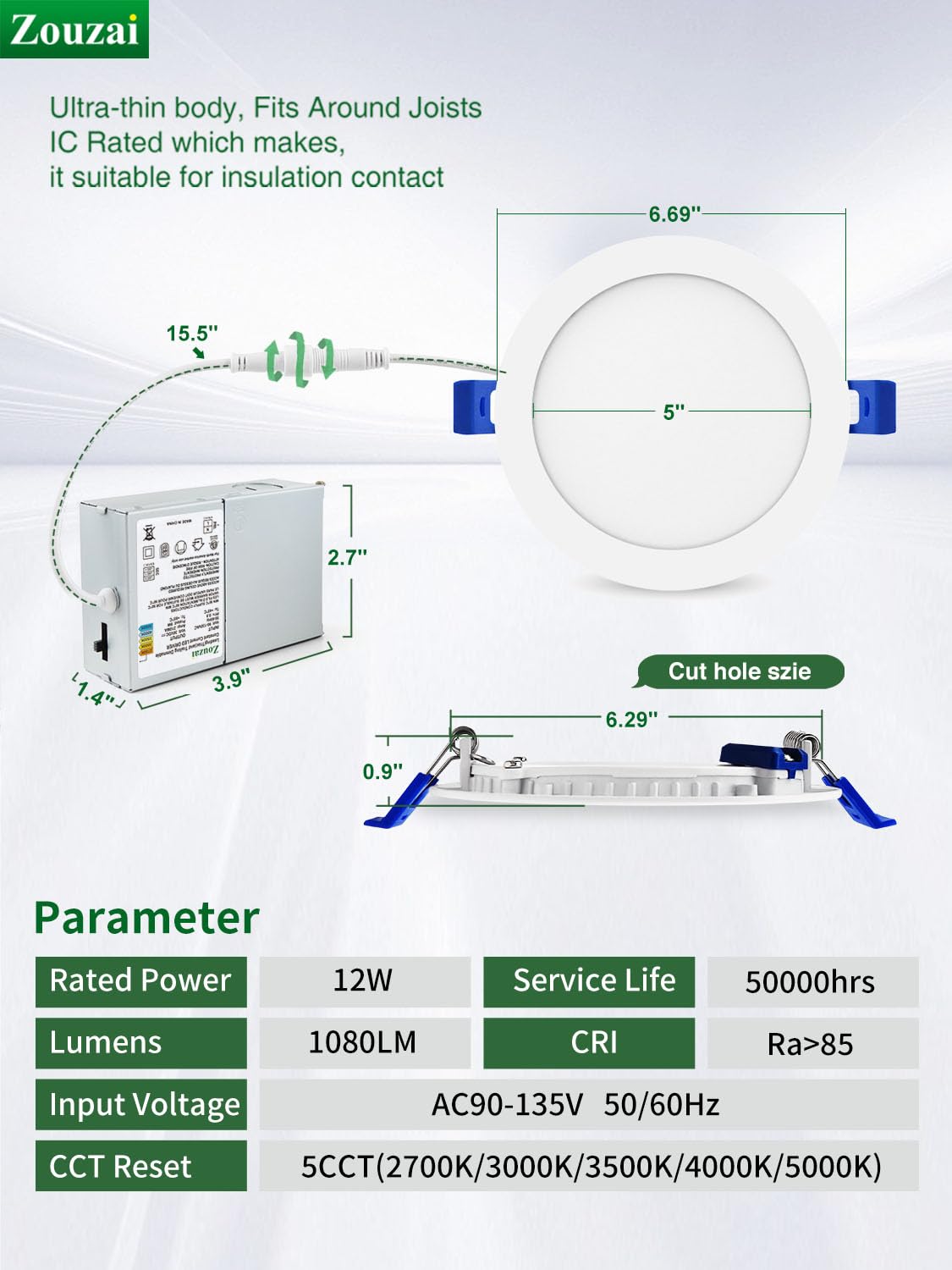 Zouzai ultra-thin canless LED downlight fits tight ceiling spaces.