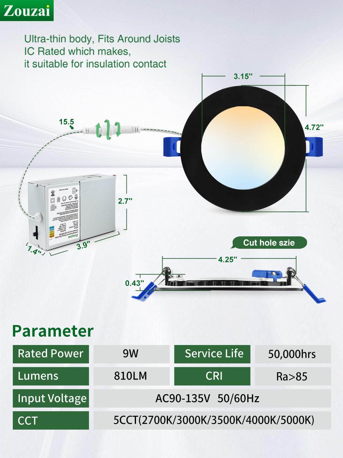 Zouzai ultra-thin LED recessed light installed flush with ceiling.