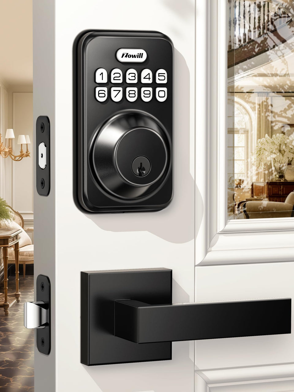 Zowill keyless entry door lock front view in matte black for modern home security