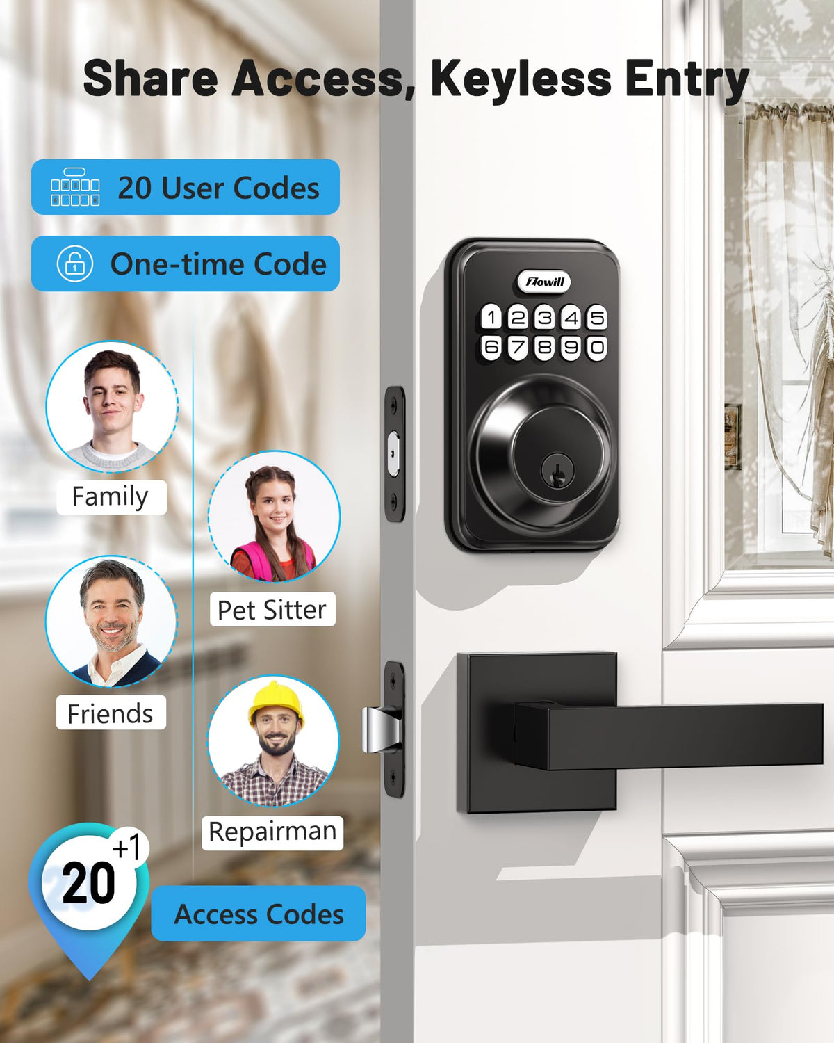 Zowill keypad deadbolt close-up showing back-lit digits for easy night access