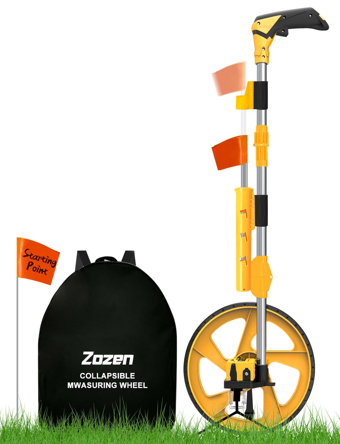 Zozen distance measuring wheel folded and stored in its backpack for easy transport.