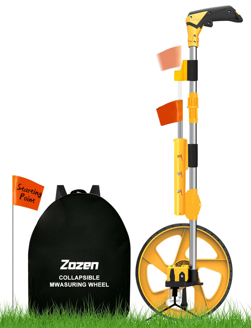Zozen distance measuring wheel folded and stored in its backpack for easy transport.