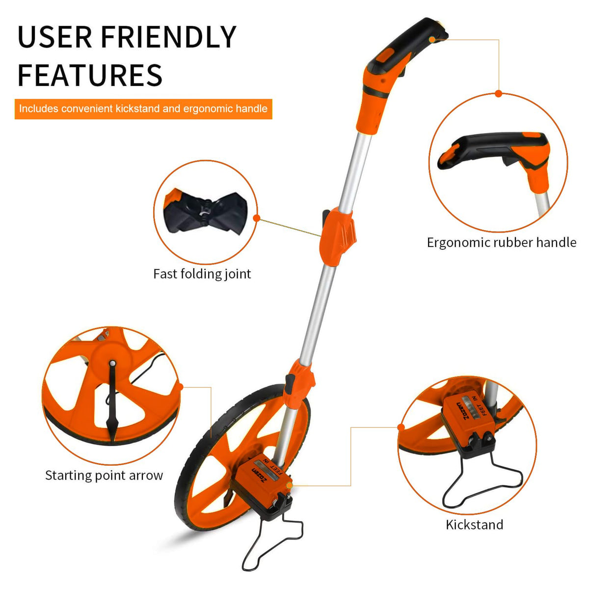 Zozen distance measuring wheel kickstand keeps measurement at the start.
