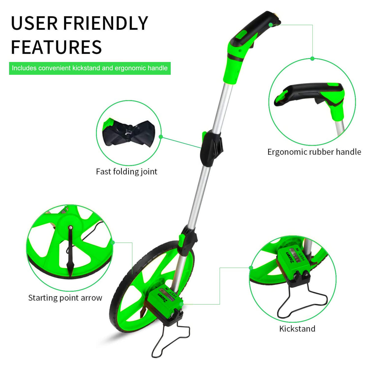Zozen wheel kickstand keeps it upright during measurement