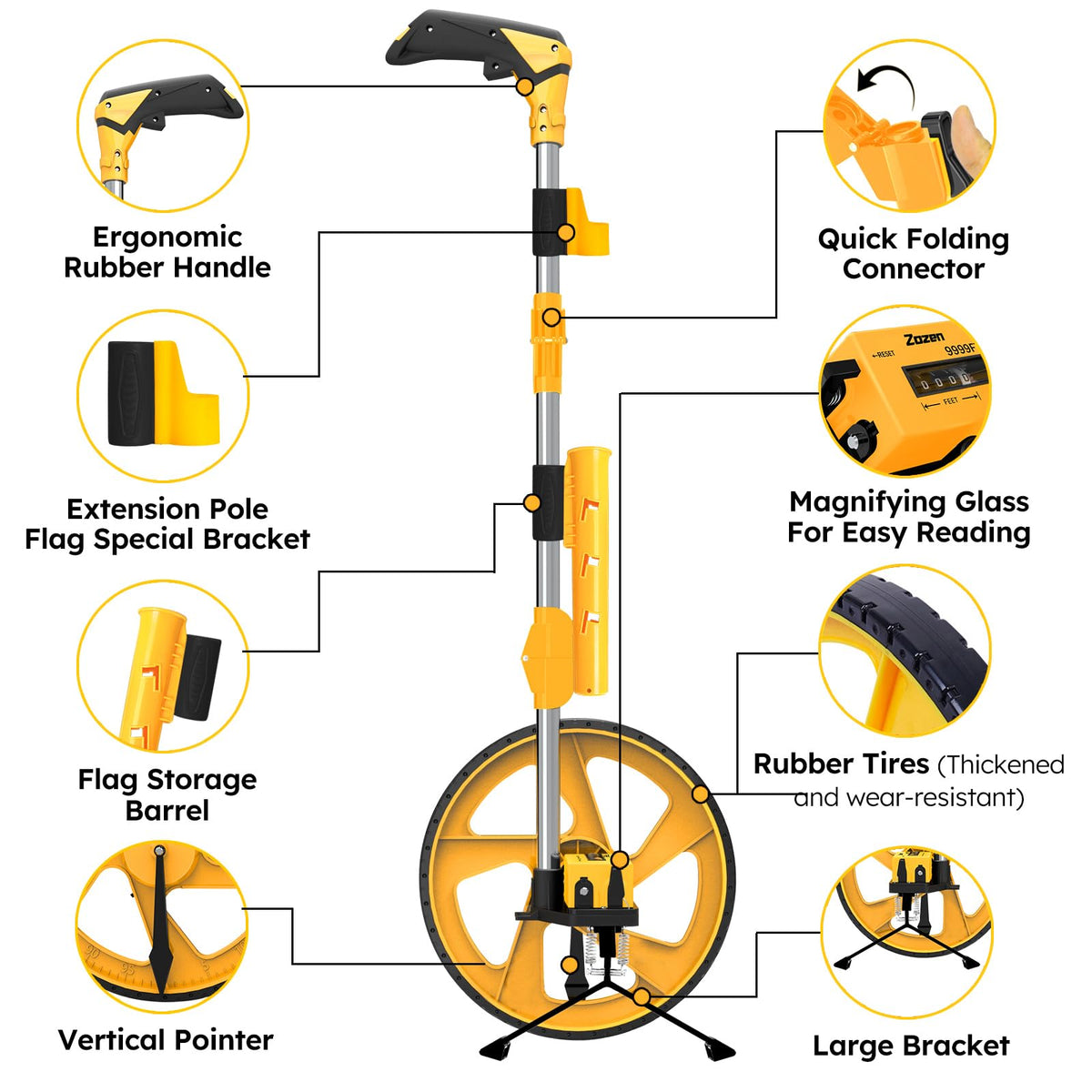 Zozen measuring wheel with kickstand stabilizes on uneven ground during use.