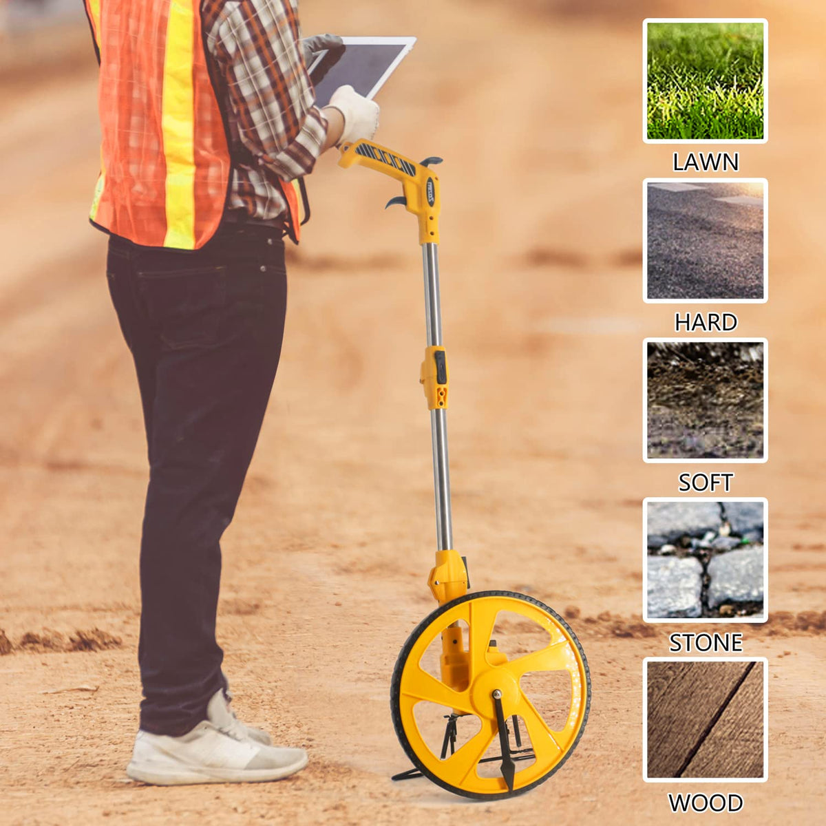 Zozen measure wheel with durable TPR tires works on grass, concrete, and dirt