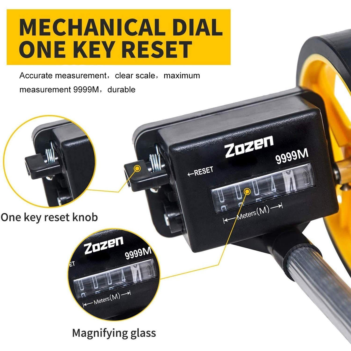 Extendable length on Zozen Measuring Wheel for versatile on-site measurements.