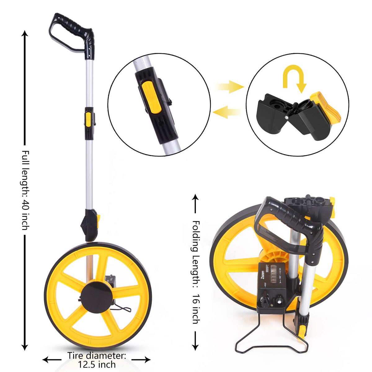 Zozen measuring wheel folded compact 16 inches for easy transport.