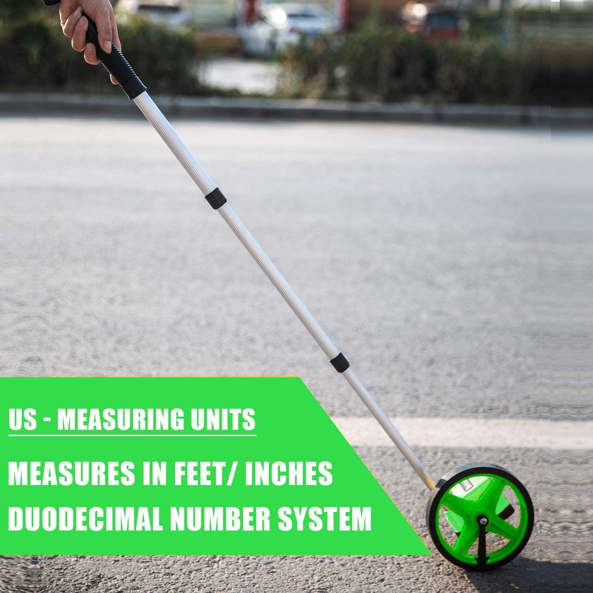 Zozen measuring wheel folded compact for storage and transport in a backpack.