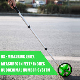 Zozen measuring wheel folded compact for storage and transport in a backpack.