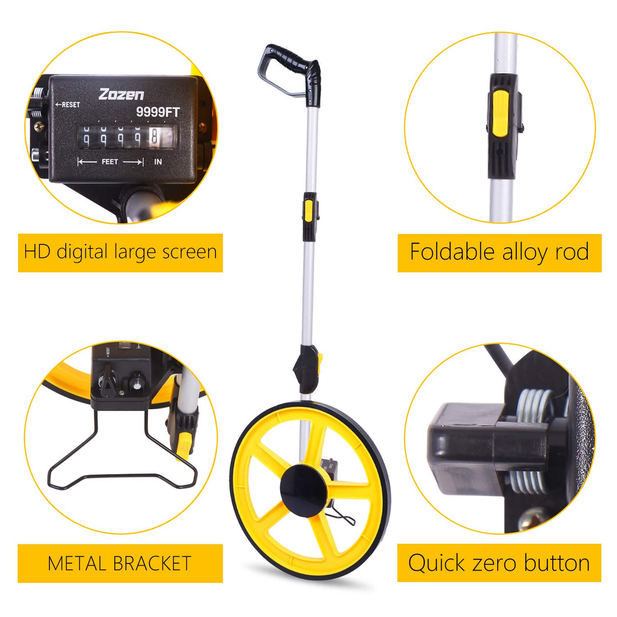 Zozen measuring wheel kickstand stabilizes readings on uneven ground.