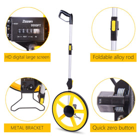 Zozen measuring wheel kickstand stabilizes readings on uneven ground.