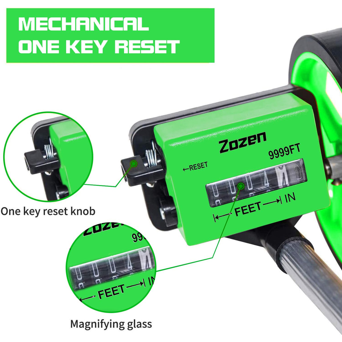 Zozen measuring wheel one-key reset button simplifies repeating measurements during a project.