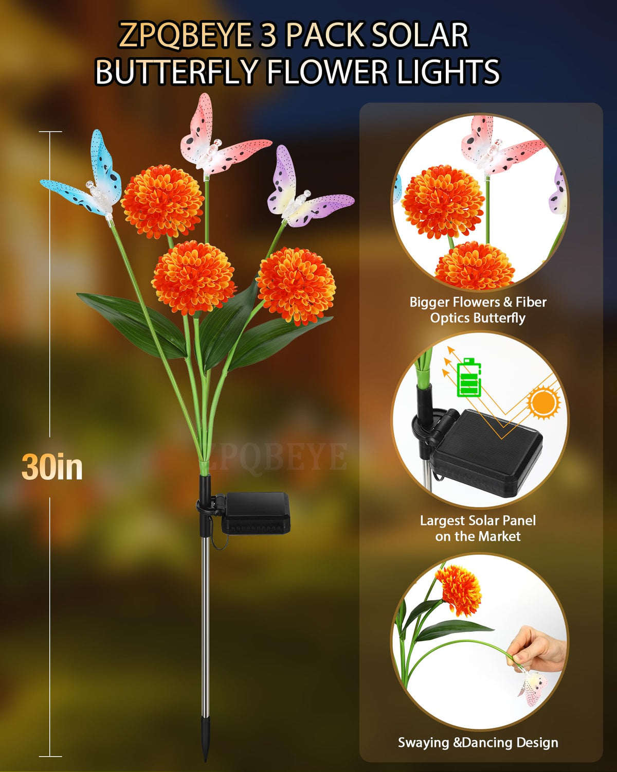 ZPQBEYE optical fiber butterfly wings emit warm light, enhancing nighttime ambiance.